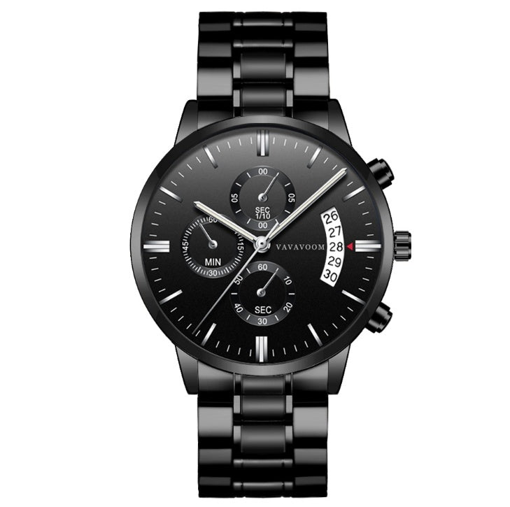 Men''s Stainless Steel Watches with Business Leisure Calendar Quartz Watches Waterproof Black Refined Steel Watches