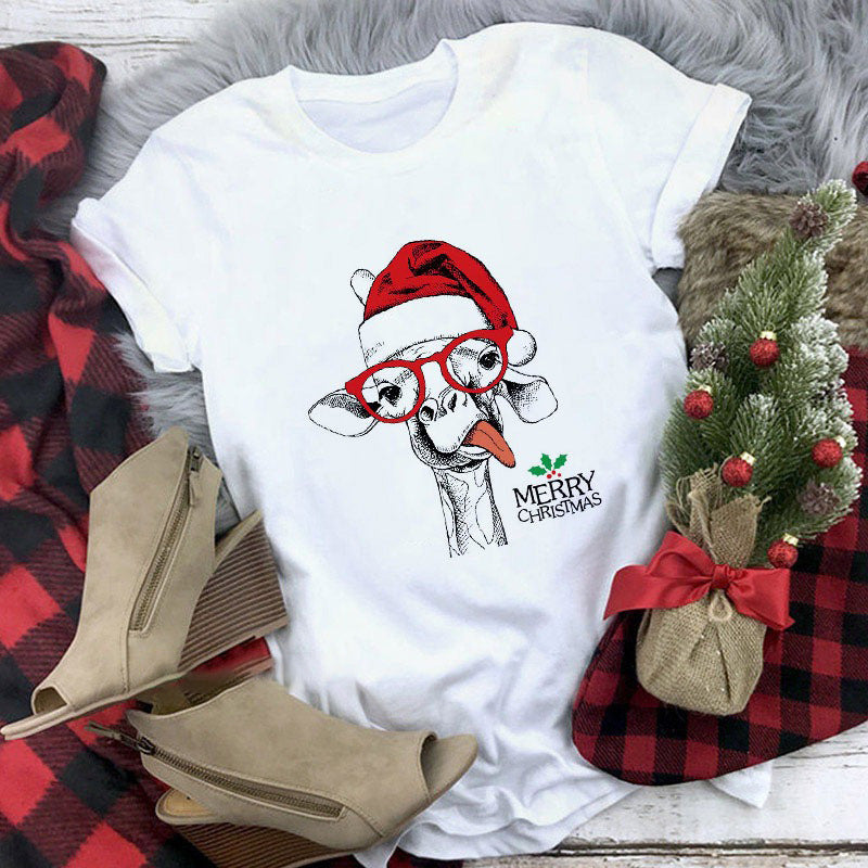 Cute Animal Christmas Clothes Printed Short Sleeve For Men And Women