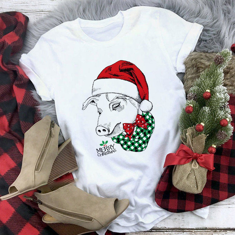 Cute Animal Christmas Clothes Printed Short Sleeve For Men And Women