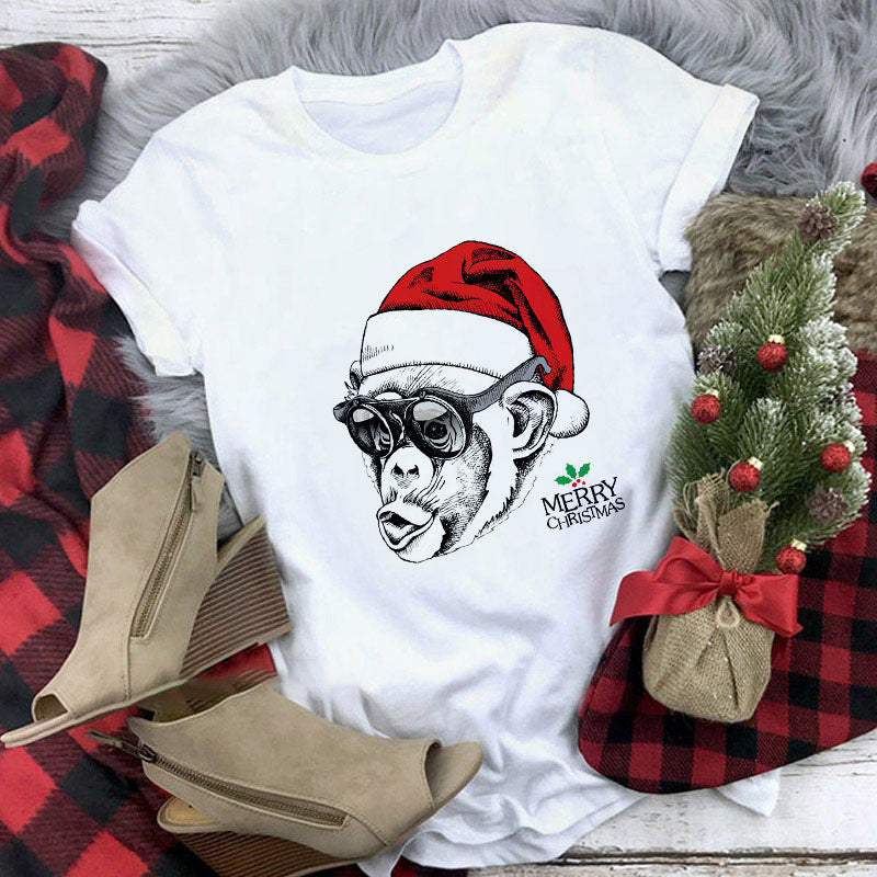 Cute Animal Christmas Clothes Printed Short Sleeve For Men And Women